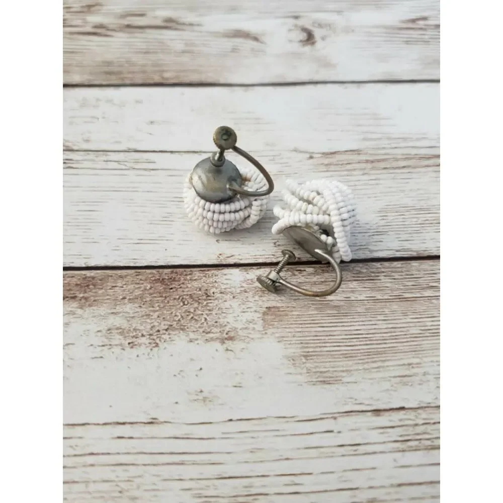 Vintage Screw On / Screw Back Earrings - Beaded White Twist 0.75